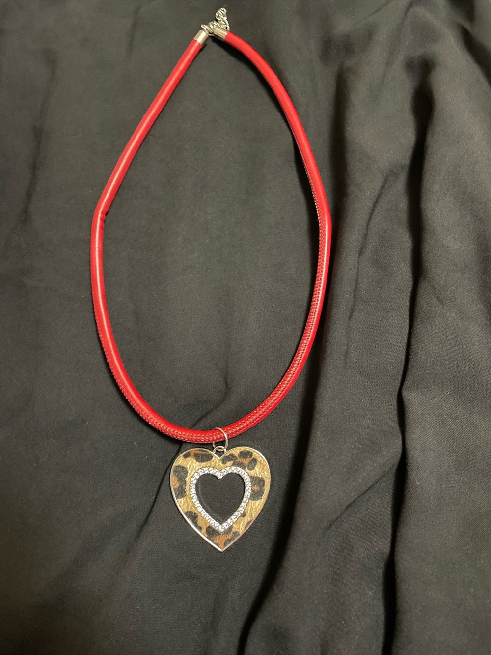 New! Red Cord Necklace w/ Animal Print Heart Pendant w/ Rhinestone Accents